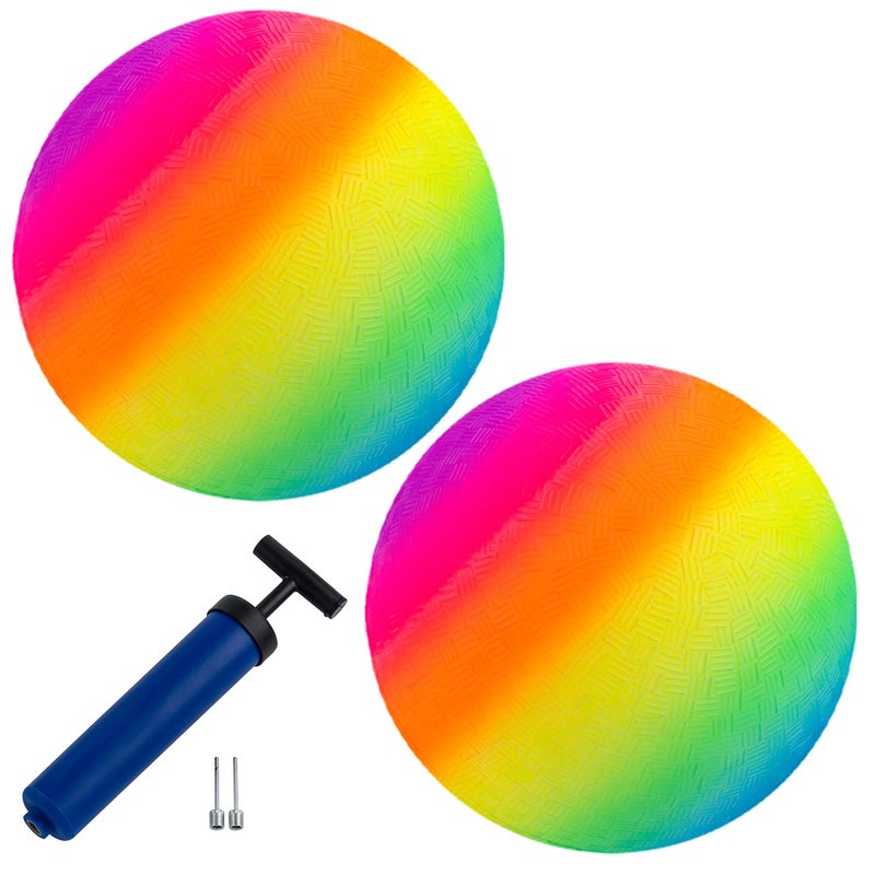 New Bounce Playground Balls for Kids - Set of 2 Rainbow Colored Rubber Bouncing Kick Balls Plus Pump - Regulation Size for Dodgeball and More - Durable  Inflatable 8.5"" Game Ball - Image 1